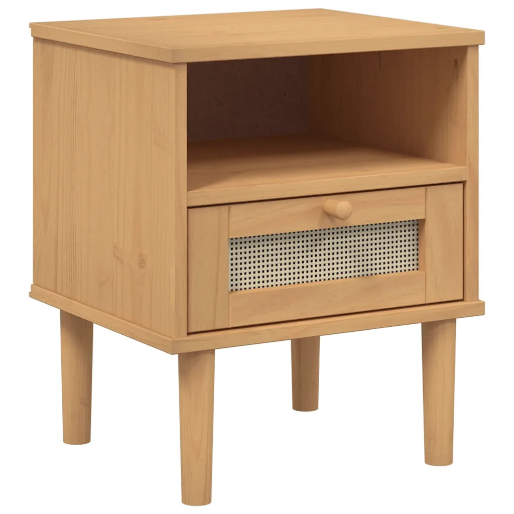 Comodino | Armadio da Notte | Mobiletto da notte SENJA Marrone Aspetto Rattan 40x35x48 cm in Legno Pino