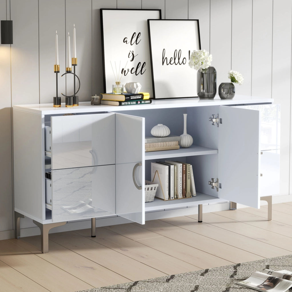 Sideboard bianco lucido 150x38x59;5 cm con 4 cassetti e 2 ante; in MDF
