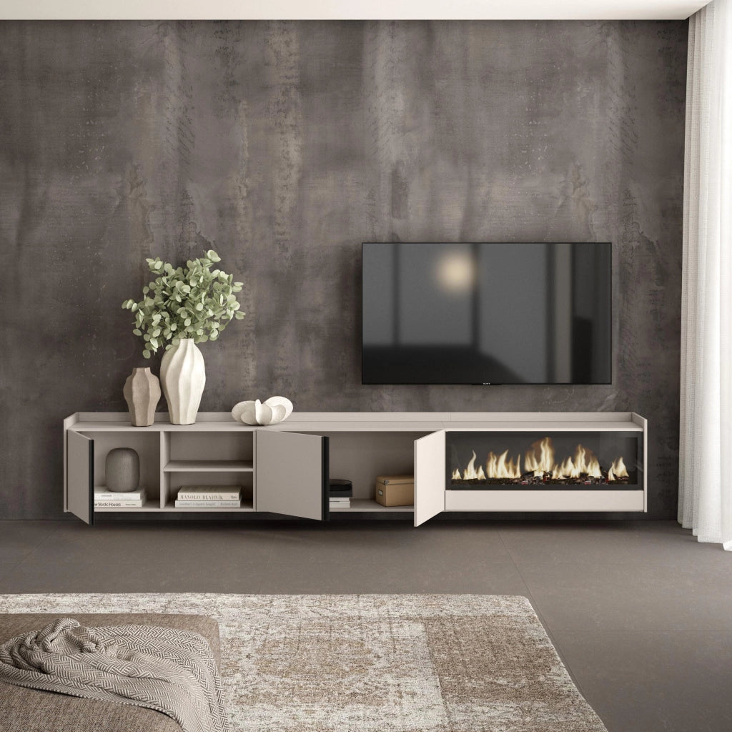 Mobile TV Soggiorno, 315x50x35 cm, Per TV fino a 80", Camino elettrico XXL, Sospeso, da appendere, Beige
