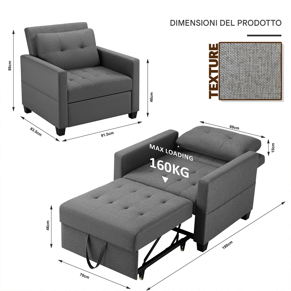 Poltrona Divano Letto Singolo Chaise Lounge Grigio Seduta Imbottita Ergonomica