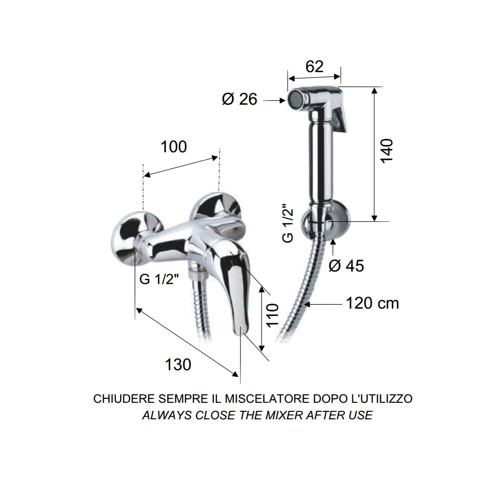 Set doccetta per bidet relax composto da doccia a pulsante, flessibile, miscelatore doccia e supporto lux