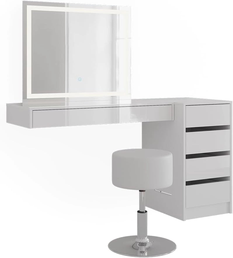 Tavolo da toeletta Sherry, Bianco, 100 cm 4 parti, con illuminazione LED e seduta imbottita per il montaggio
