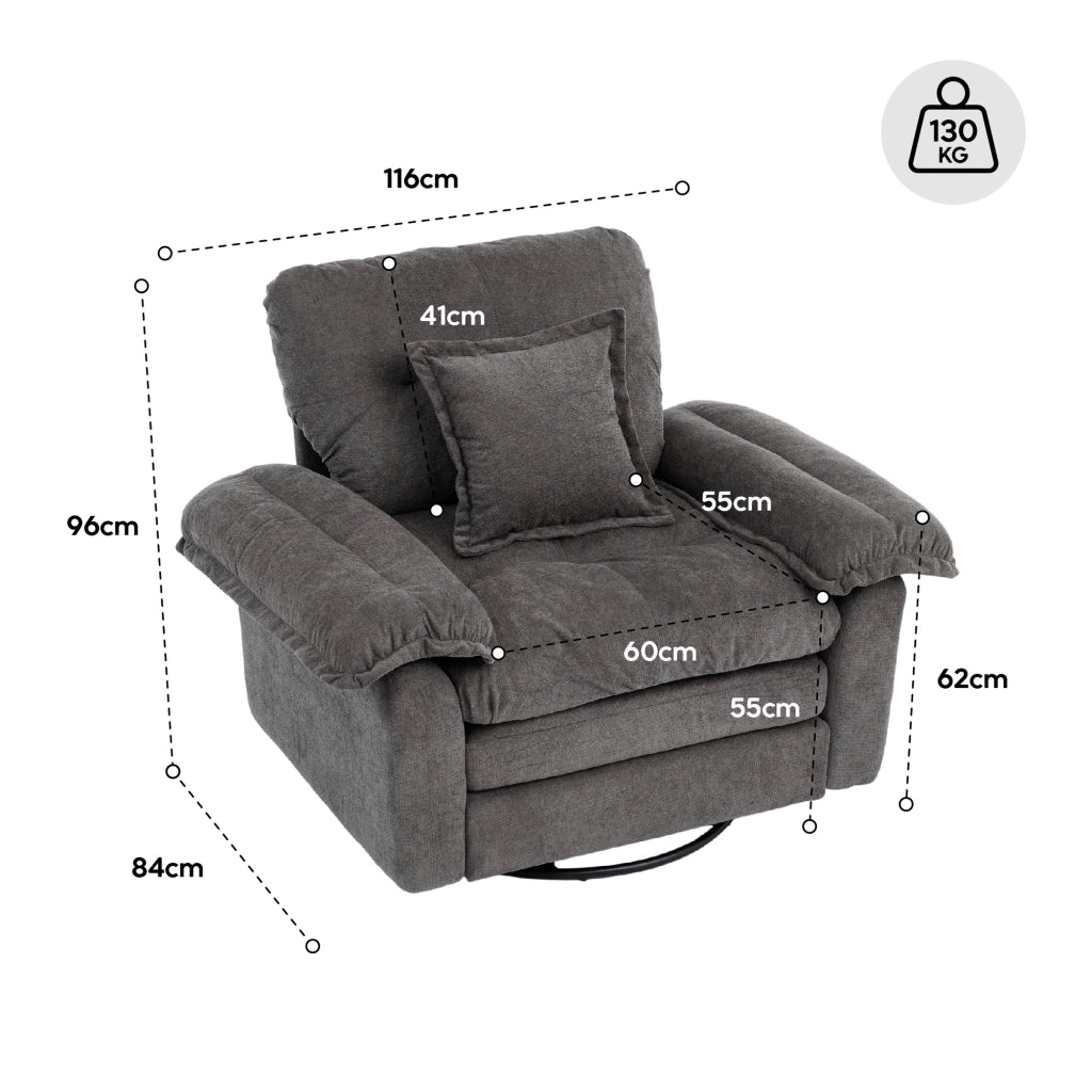 Fauteuil girevole a 360° oversize con cuscino di supporto e base in metallo in ciniglia grigia