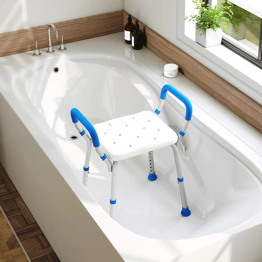 Sgabello Doccia, Sedia per Doccia Regolabile in 6 Altezze con Braccioli Imbottiti Staccabili e Piedini in Gomma Antiscivola, Portata 100 kg, Seggiolino da Bagno per Anziani (Blu)