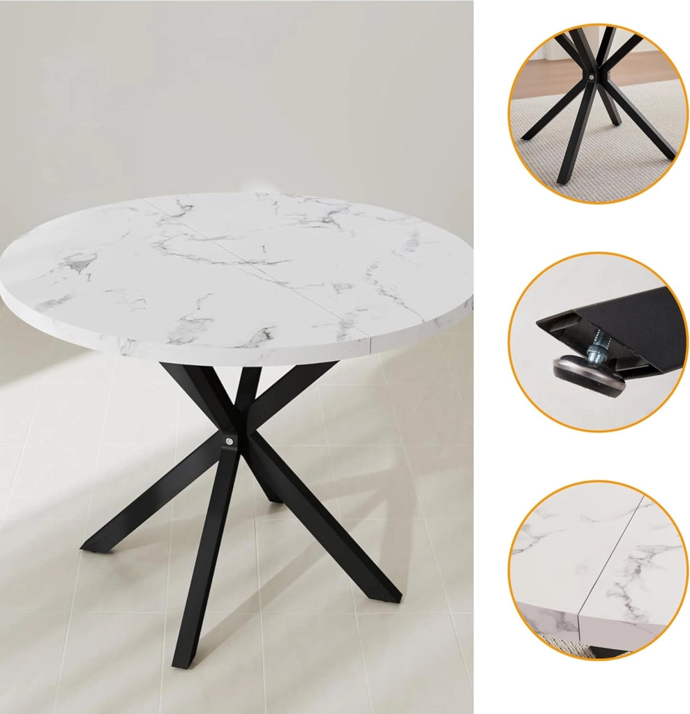 GrandCA HOME Set da 5 Pezzi Tavolo e Sedie da Pranzo, Tavolo Rotondo da 100 cm con 4 Sedie Imbottite Moderne, Adatto Per Sale da Pranzo e Cucine Soggiorno (Motivo Marmo+ Beige)