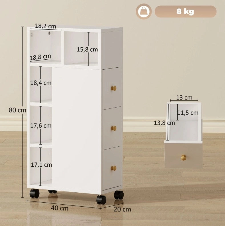 Mobile Armadietto da Bagno Bianco con 3 Cassetti e 5 Ripiani Aperti, 20x40x80 cm