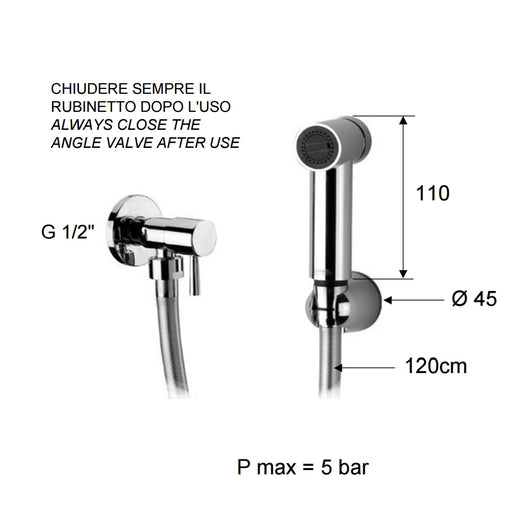 Set doccetta bidet eurolux con doccia a pulsante minimale, flessibile, rubinetto e supporto cromato