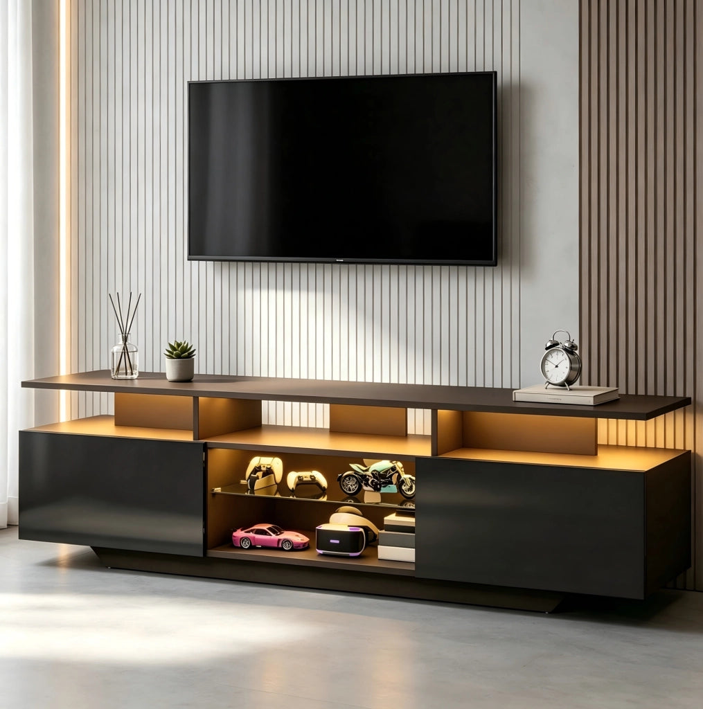 Mobile TV moderno con LED, 2 vani e 8 ripiani, nero