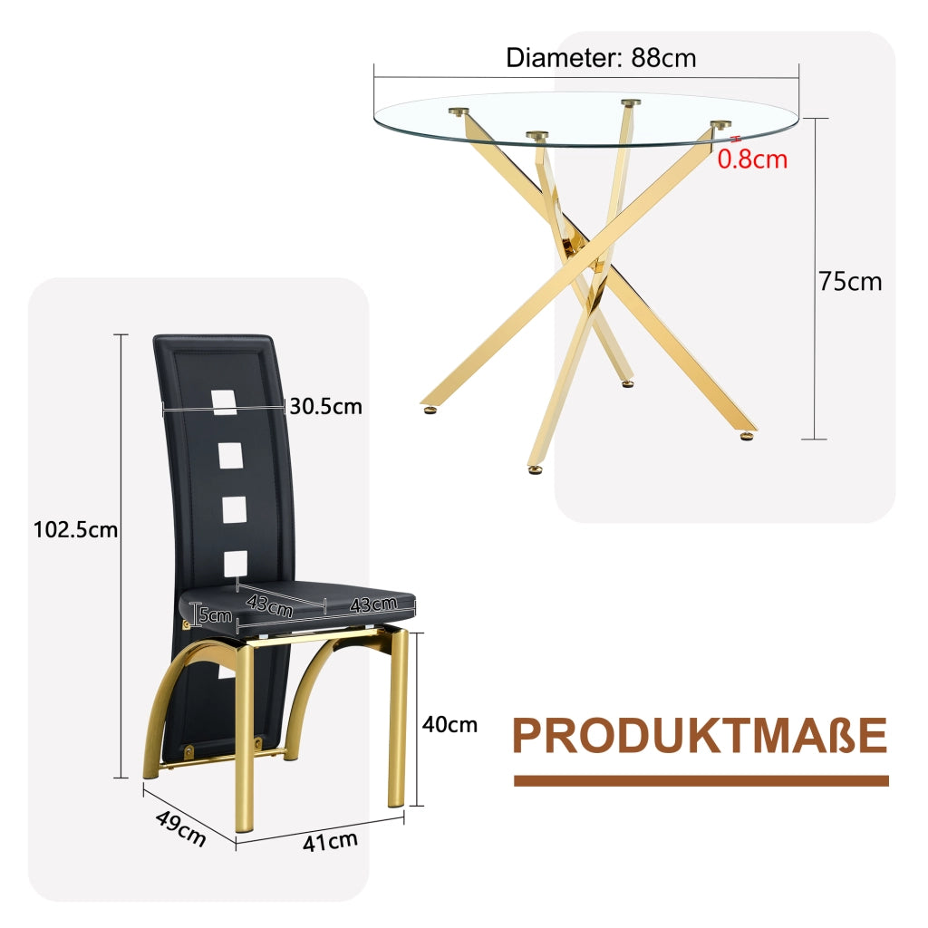 Set tavolo cucina e sedie con tavolo rotondo e 2 sedie imbottite in vetro temperato; similpelle nera e metallo oro