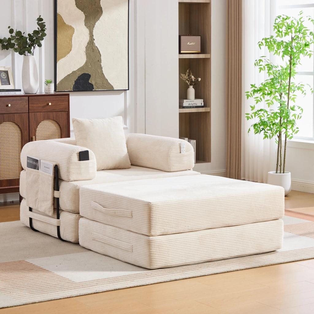 DIVANO modulare in corduroy 112x190x67 cm beige con pouf