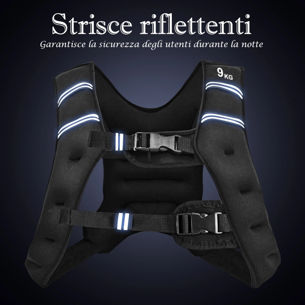 Giubbotto zavorrato 9 kg con cinghie riflettenti-Gilet di allenamento con fibbie regolabili e borsa a rete-Nero