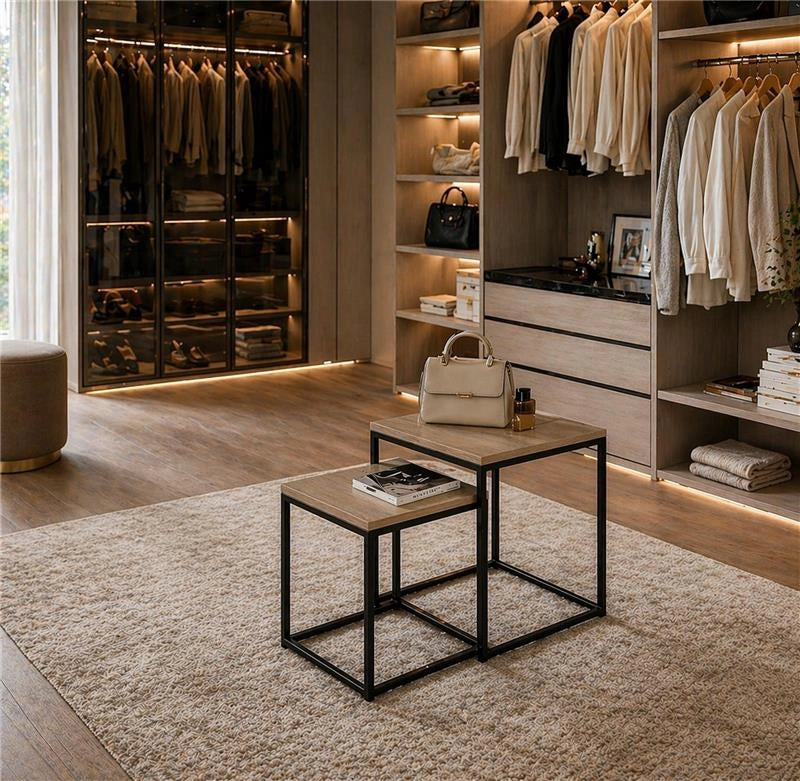 2 TAVOLINI METALLO MELANINA E MDF DIMENSIONI 35X35X45H CM E 40X40X50H CM - COLORE ROVERE