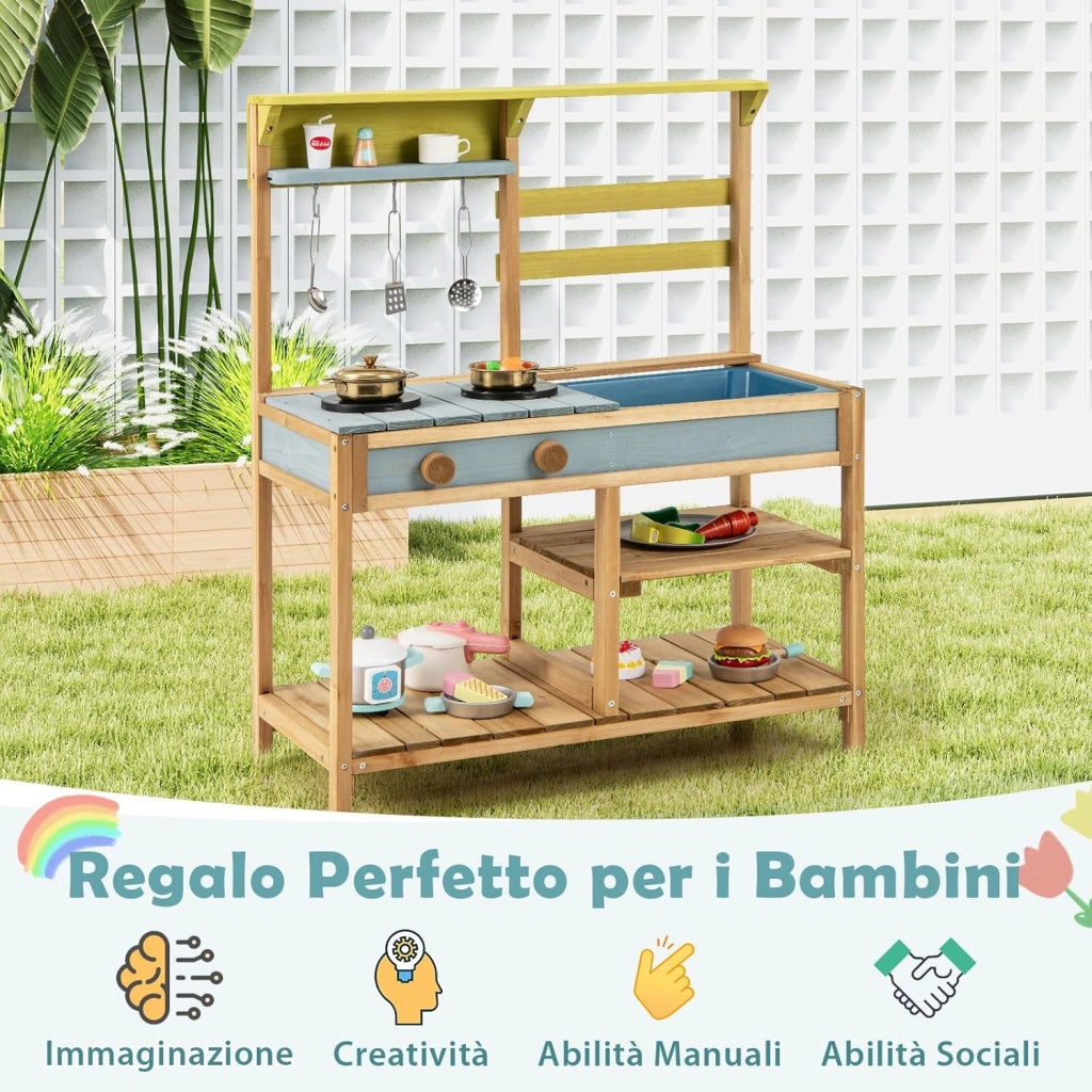 Cucina Giocattolo per Giardino, Cucina per Bambini con 2 Fornelli a Manopola, Lavandino e 3 Ganci, Set Cucina con Ripiani Aperti, 75 x 36 x 92 cm (Naturale, Senza Serbatoio dell'acqua)