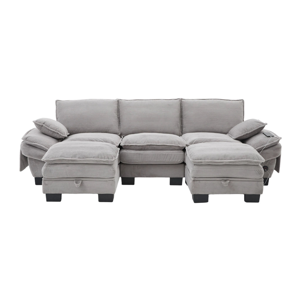 Divano modulare 3 posti in corduroy con 2 pouf; USB-C; tasche laterali; grigio chiaro