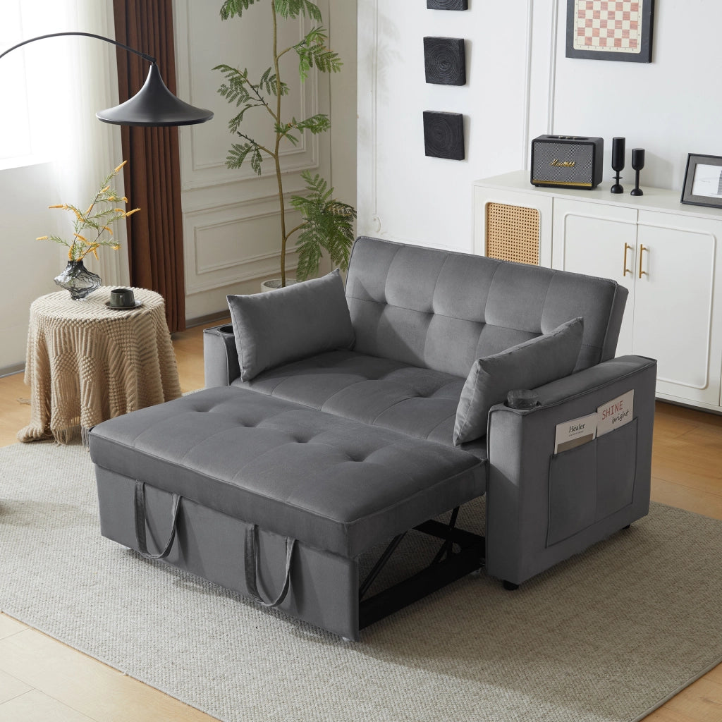 OKWISH Divano Letto 2 Posti, Schienale Regolabile a 3 Posizioni con Portabicchieri e Tasche Laterali, Velluto Grigio