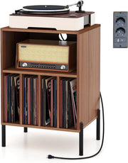 Tavolino da Letto Mobile Giradischi con Base di Ricarica, Comodino per 150 Album, 2 Porte USB, 1 Tipo C, 5 Scomparti, Gambe in Metallo, Supporto per Giradisco, 53 x 45 x 78 cm, Colore Noce