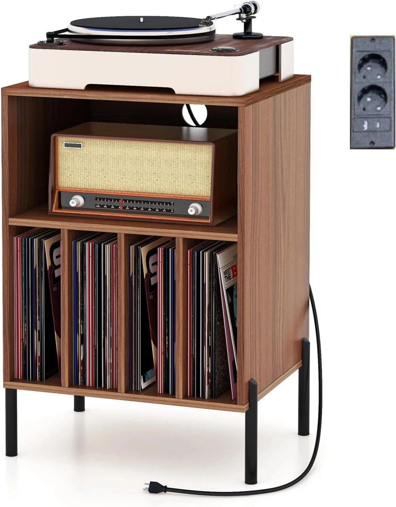Tavolino da Letto Mobile Giradischi con Base di Ricarica, Comodino per 150 Album, 2 Porte USB, 1 Tipo C, 5 Scomparti, Gambe in Metallo, Supporto per Giradisco, 53 x 45 x 78 cm, Colore Noce