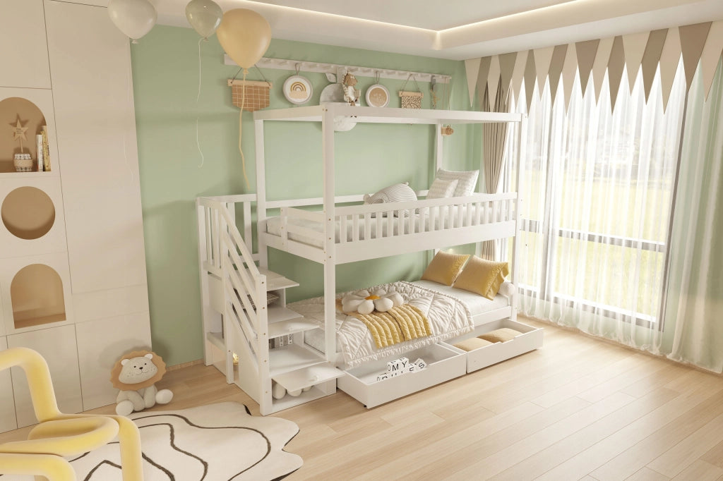 Letto a castello 90x200 - Xylo - Bianco con scala e cassetti
