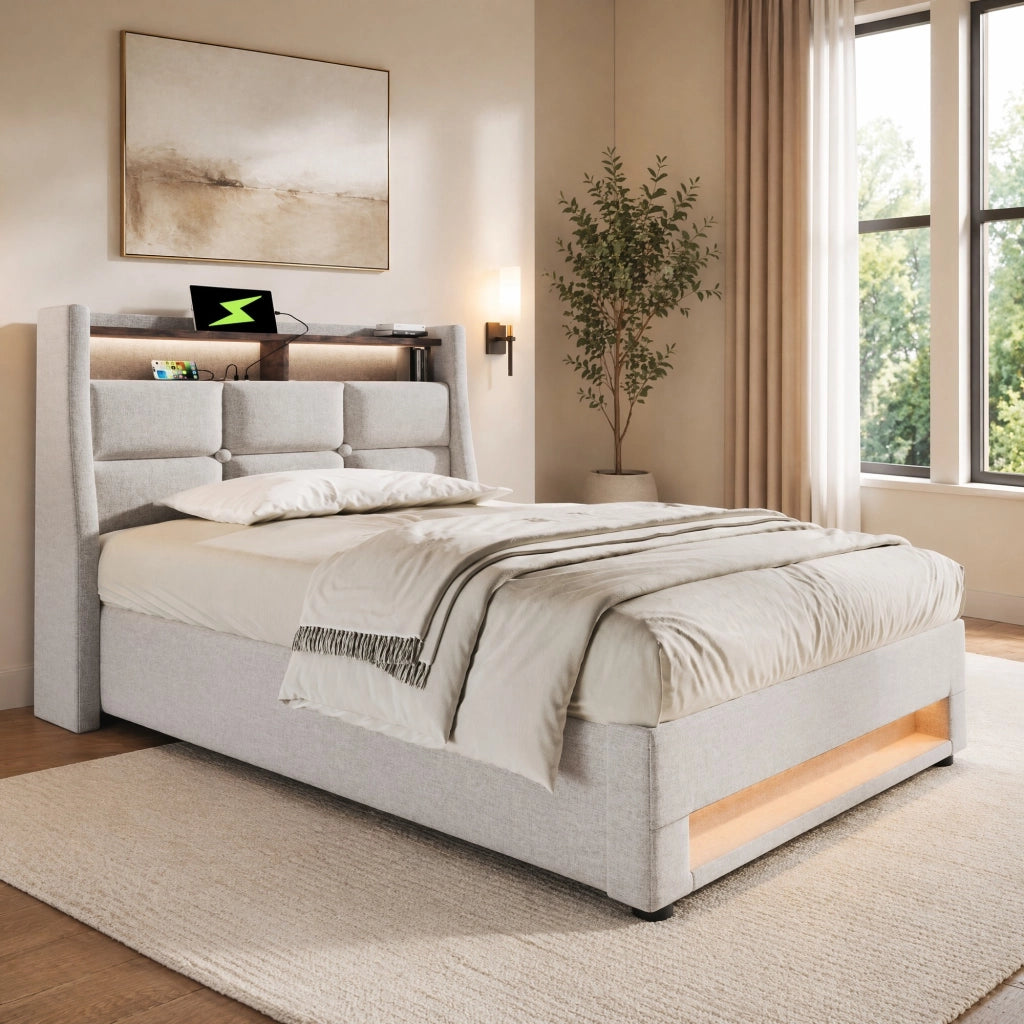 Letto imbottito 90x200 cm con contenitore; LED e USB; beige chiaro