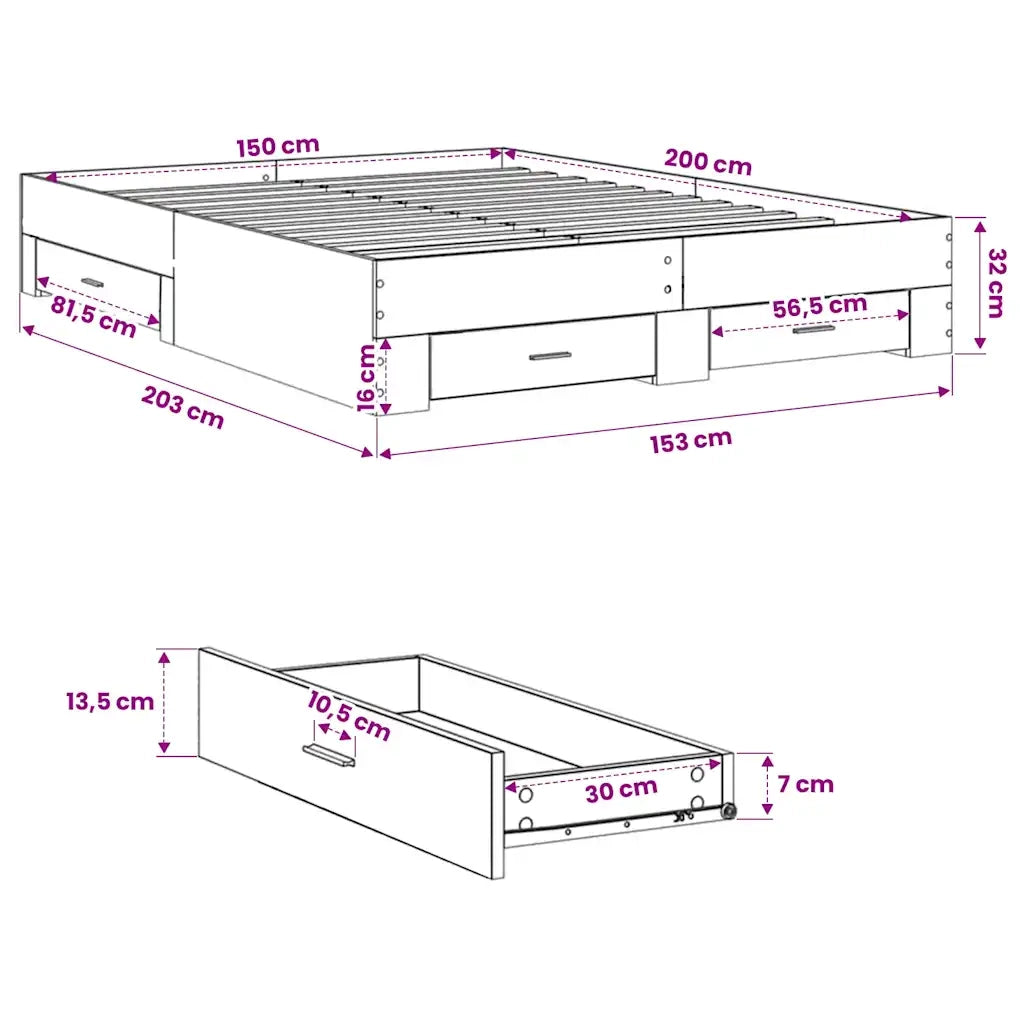 Giroletto con Cassetti Bianco 150x200 cm in Legno Multistrato