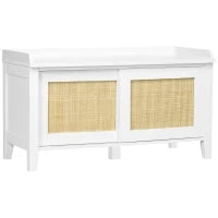Panca Portascarpe, Mobile Contenitore, con Porta Scorrevole e Frontali in Vimini Intrecciato, 80 x 35 x 45 cm, Bianco