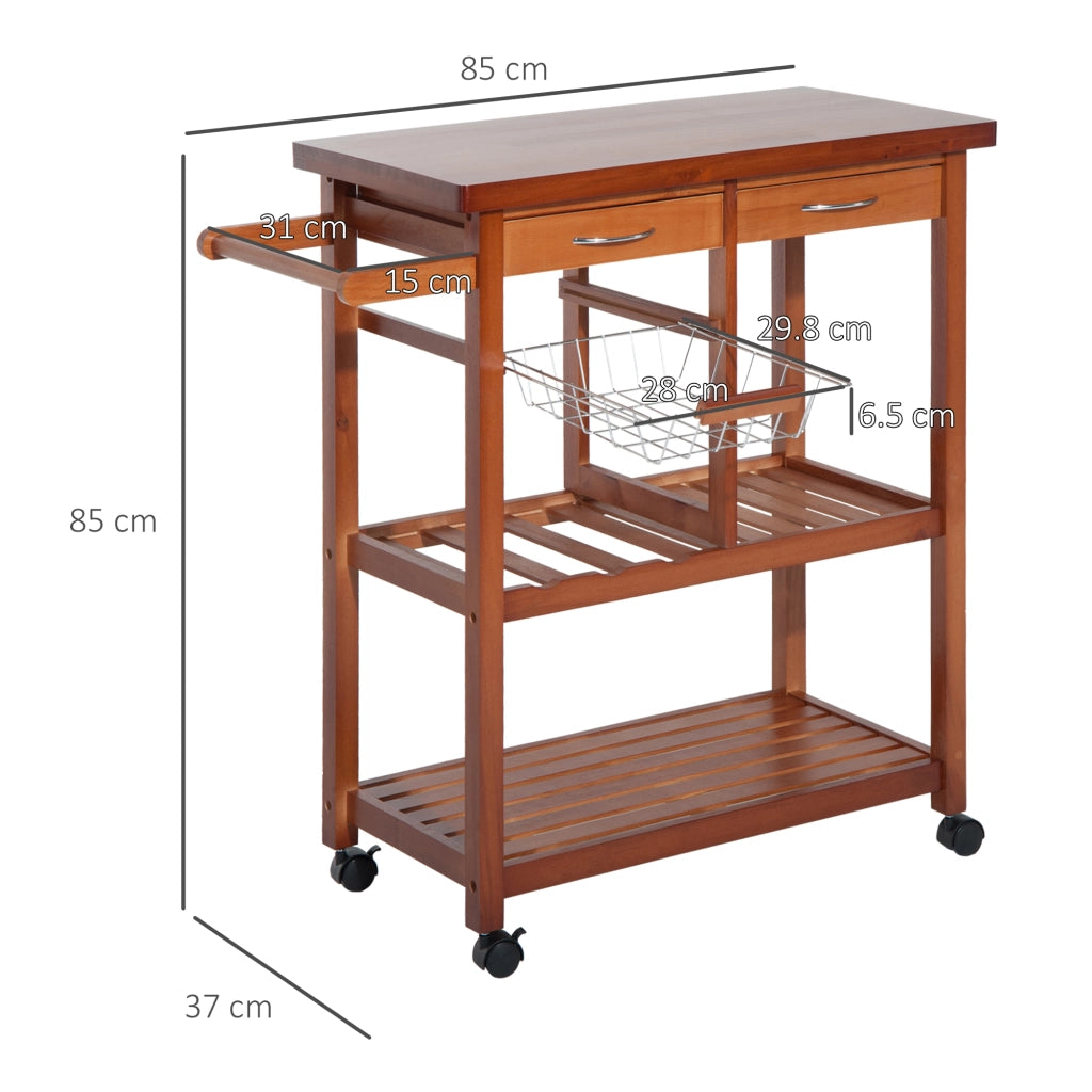 Carrello Portata da Cucina in Legno con Portabottiglie. Cestello. 2 Ripiani. 2 Cassetti. Legno di Pino. Resistente. Agevole. Versatile. 84.5x37.2x85cm