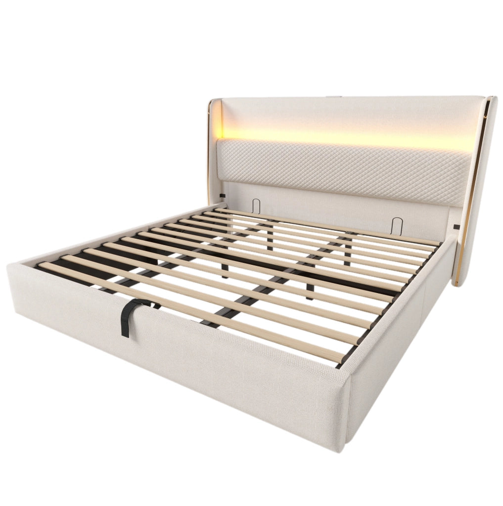 Letto matrimoniale 180x200 cm con contenitore idraulico; LED; USB/Type-C e materasso; beige