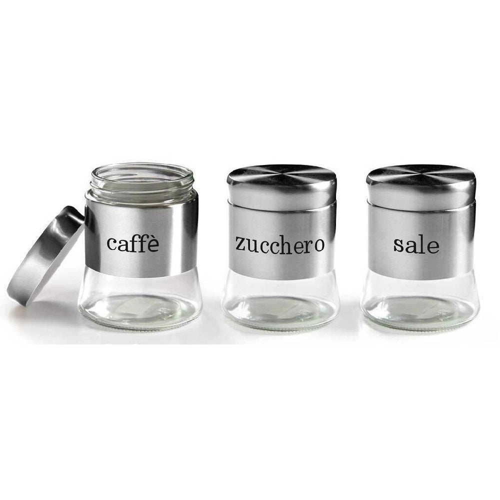 Trade Shop - Tris Barattoli Barattolino 750ml 11x14cm Vetro Sale Zucchero Caffe 772016 Acciaio -