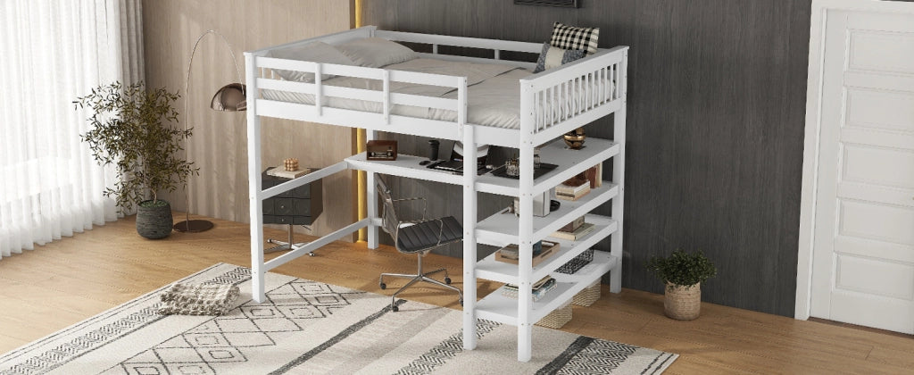 DESMIU Letto a soppalco 2 posti con scrivania, scaffali e scala contenitore 140 × 200 cm, senza materasso, bianco