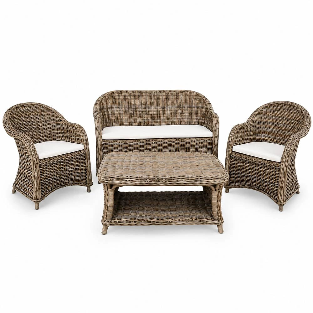 Salotto in rattan grigio intrecciato 1 divanetto 2 poltrone 1 tavolino Roma