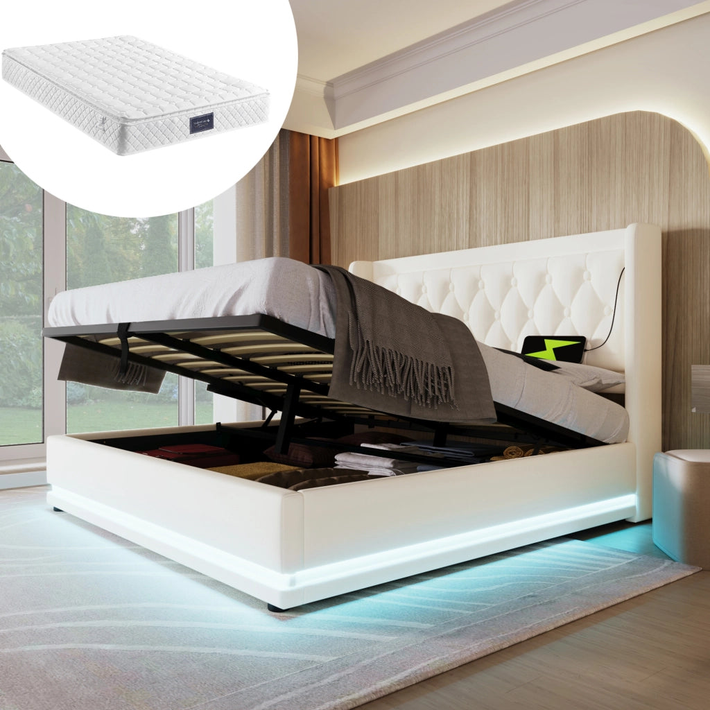 Letto matrimoniale contenitore 140x200 cm in PU bianco; testiera con USB e Type-C; LED