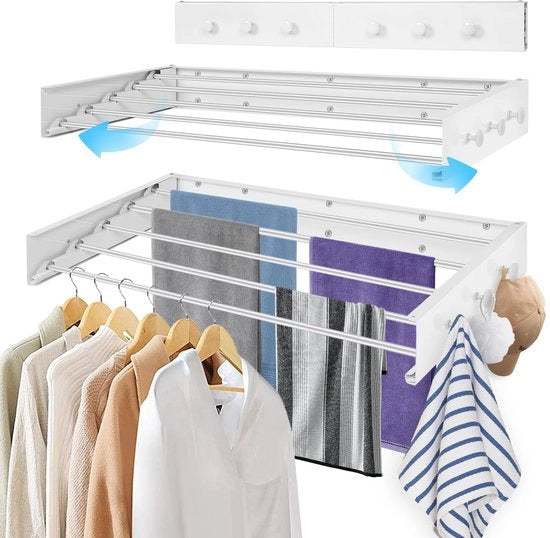 Droogrek per parete, 80 cm, Spaziale e Estendibile con 6 ganci per asciugamani, Droogrek per parete per interni ed esterni, Balcone, Terrazza (Bianco)