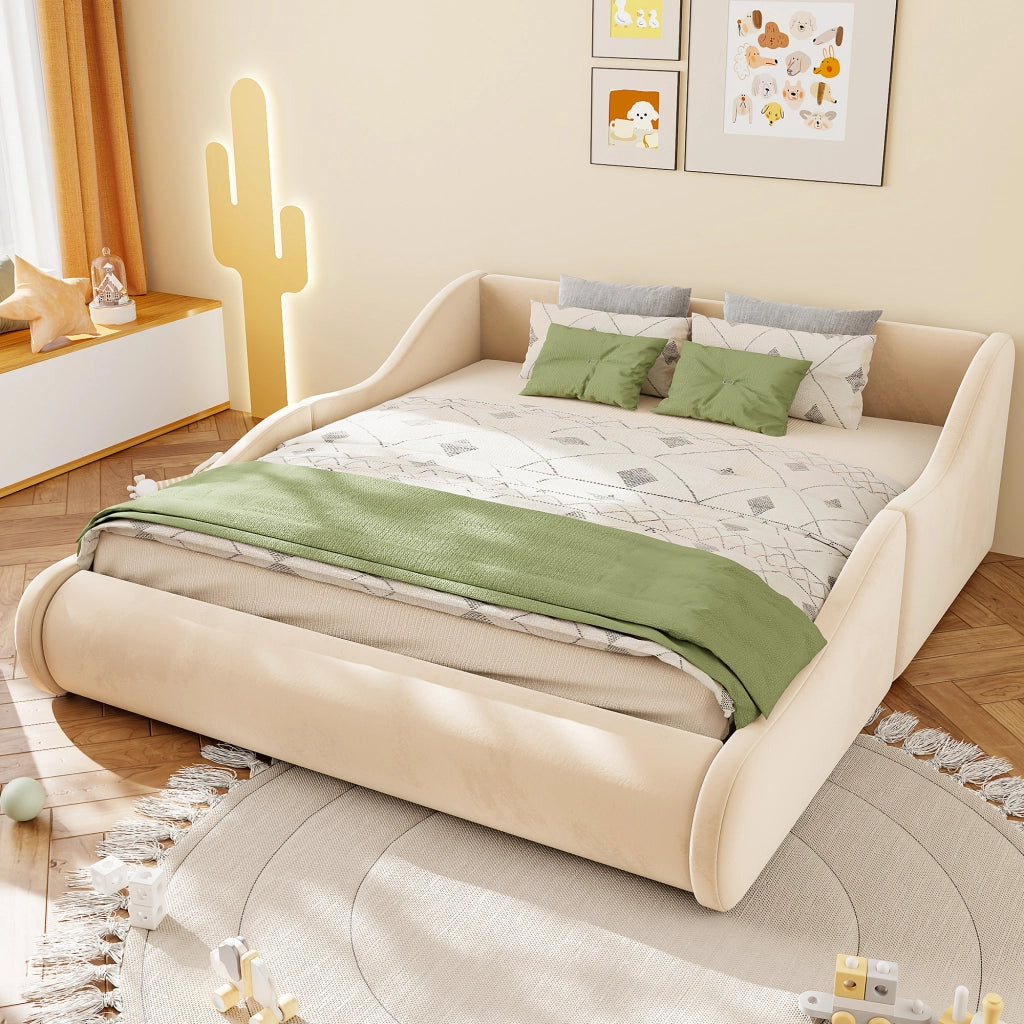 Letto imbottito per bambini con testiera alta e sponde, 140x200 cm, velluto beige