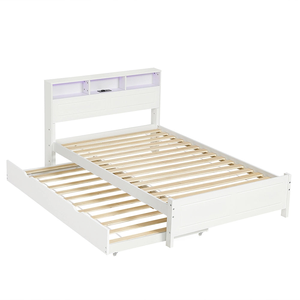 Letto a castello-Xylo-120x200+90x190 cm-LED, USB, contenitore, pino, bianco