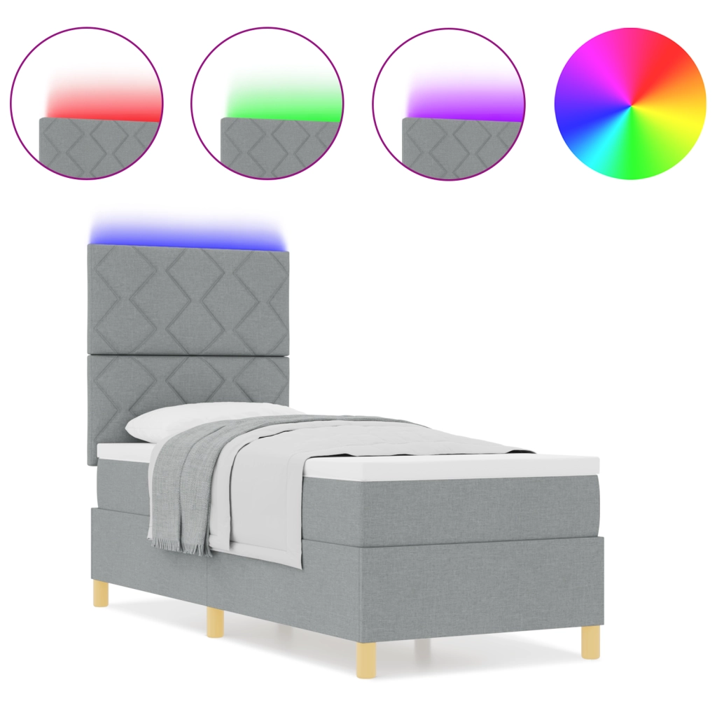 Letto box spring con materasso e LED grigio chiaro 80x200 cm tessuto