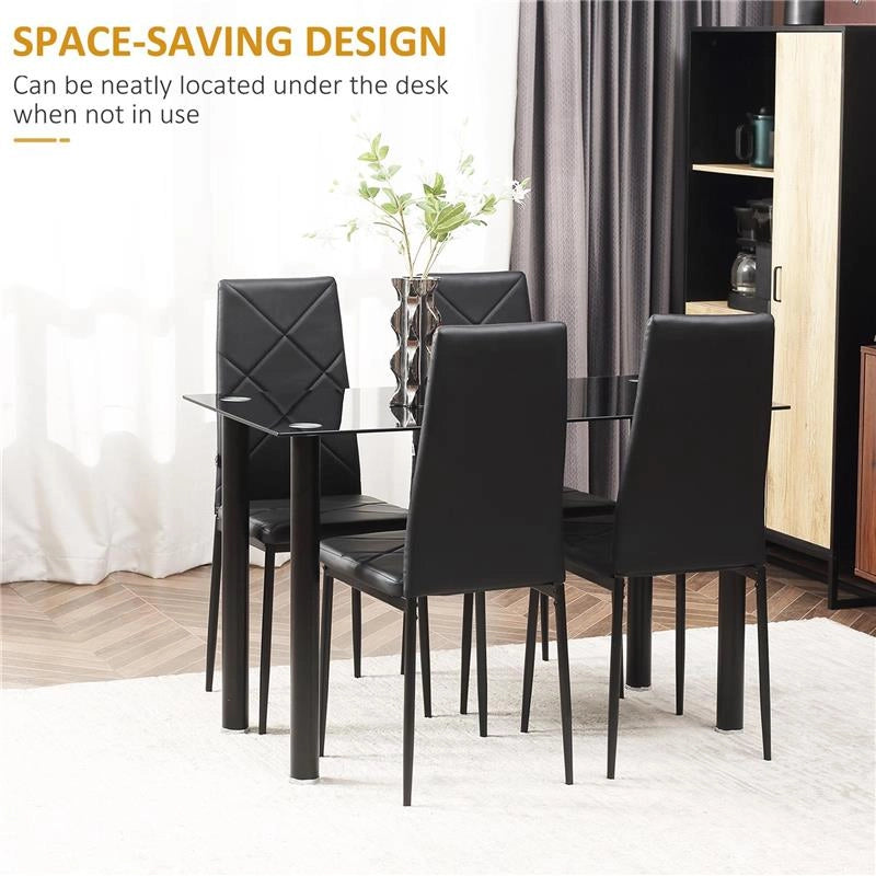 SET TAVOLO DA PRANZO CON 4 SEDIE, PIANO IN VETRO E SEDIE IMBOTTITE IN FINTA PELLE, NERO