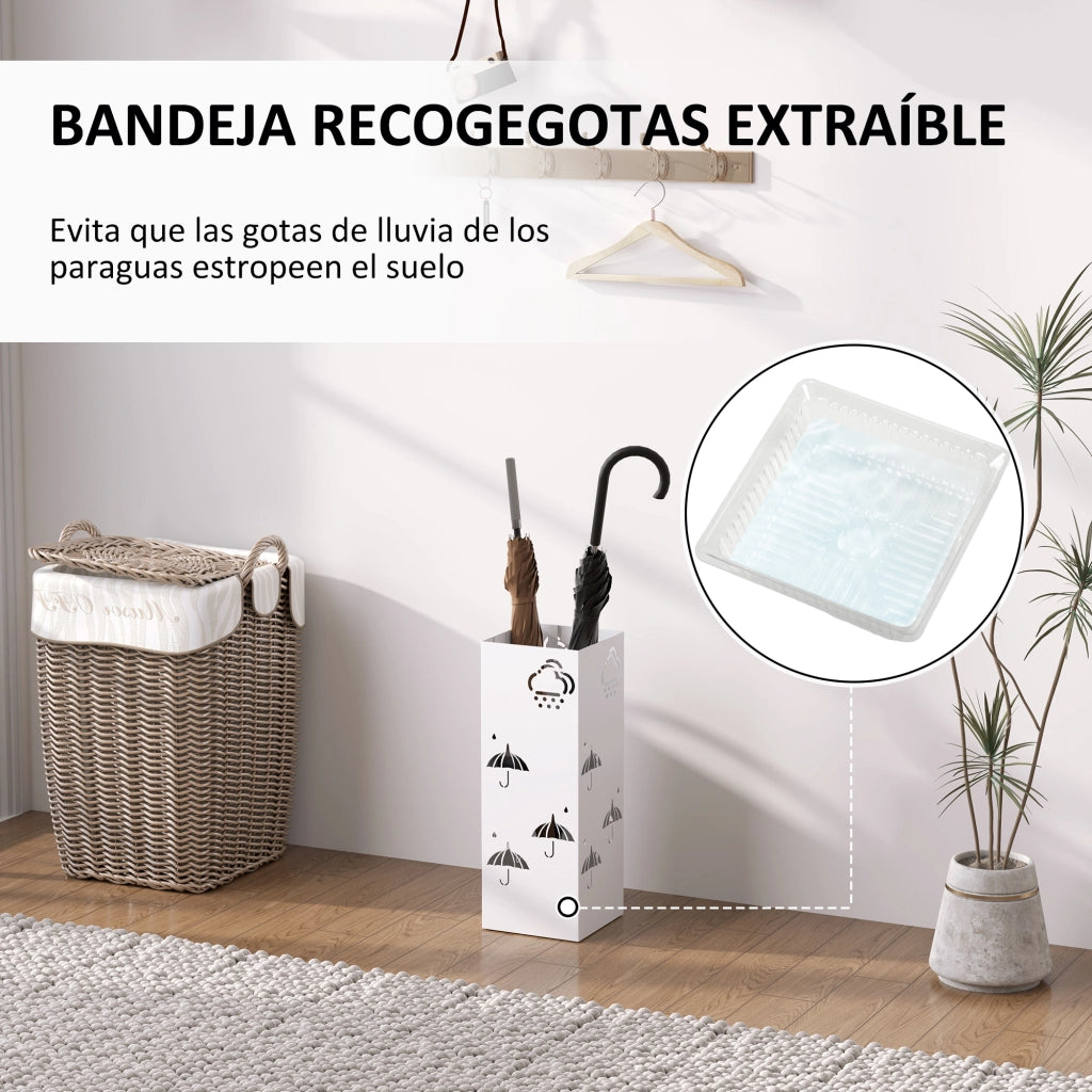 Portaombrelli in Acciaio con Bandeja e Ganci ¨C zephmum ¨C 15,5x15,5x41 cm Bianco