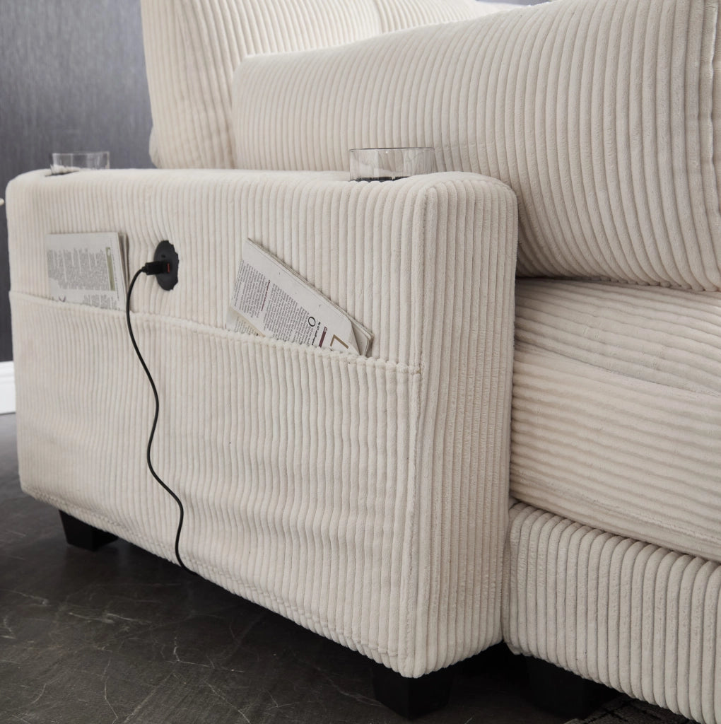 Divano modulare 2 posti in velluto a coste beige con USB