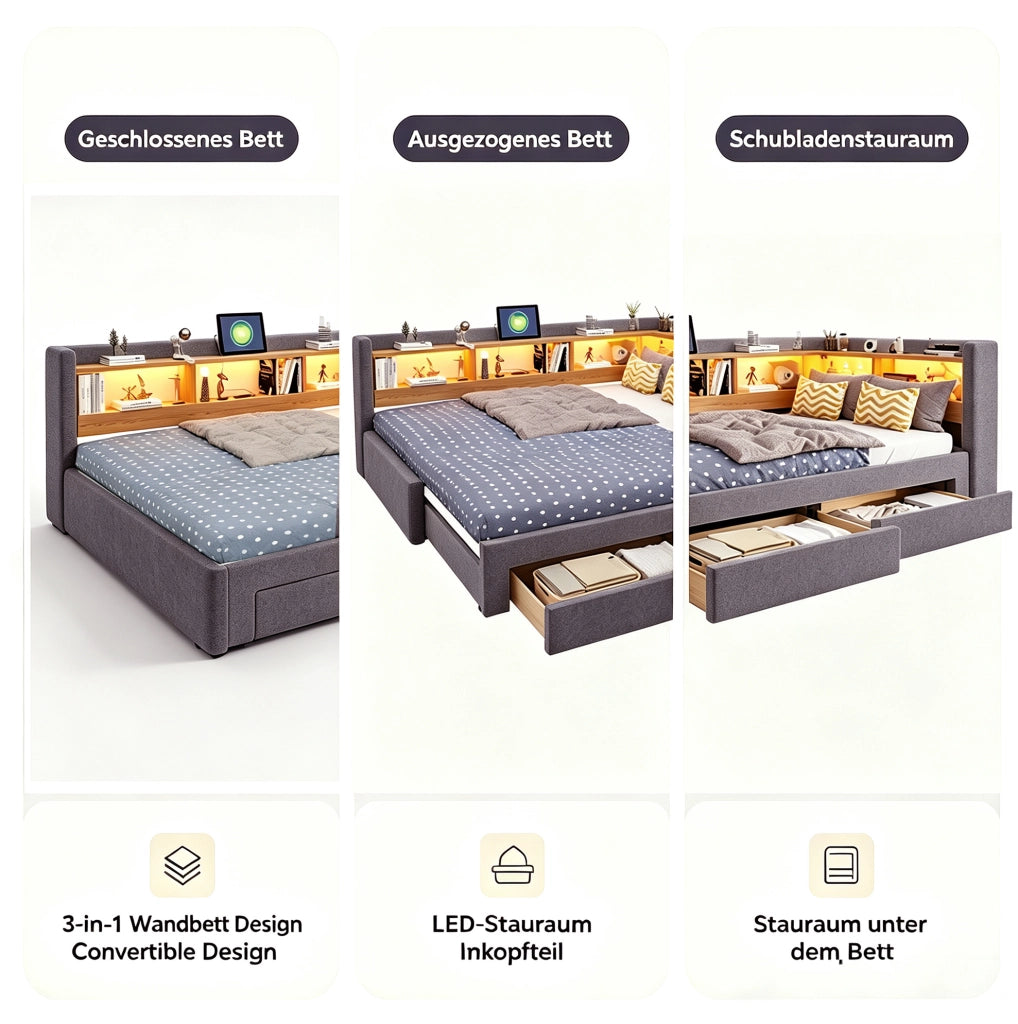 Divano letto estraibile 3 in 1 90x200 cm con cassetti; LED e presa; grigio