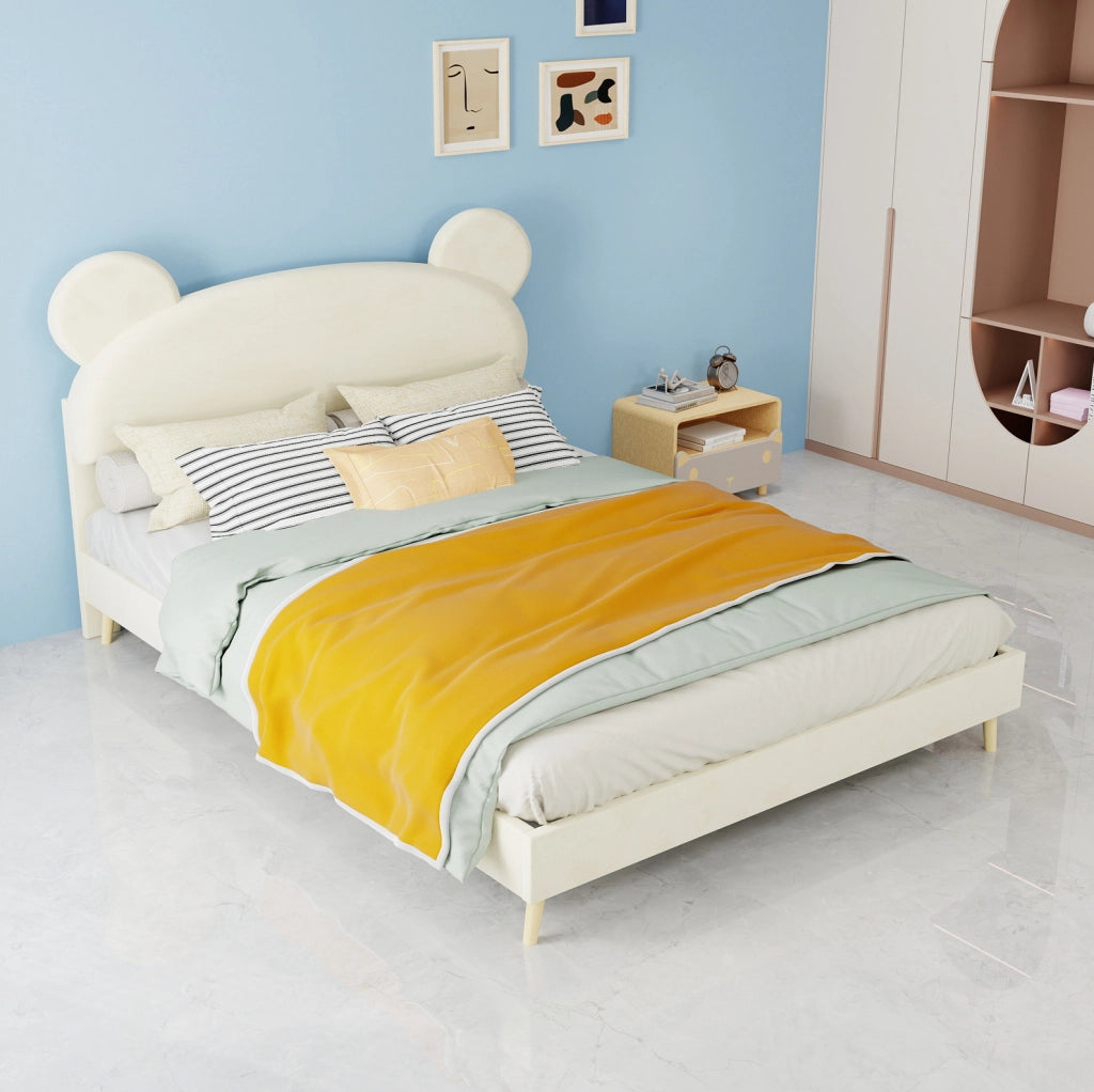 Letto per bambini 140x200 cm in tessuto e metallo beige con testiera e materasso -