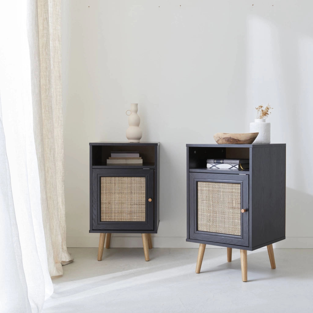 Set 2 comodini scandinavi in intrecciatura cannage, nero