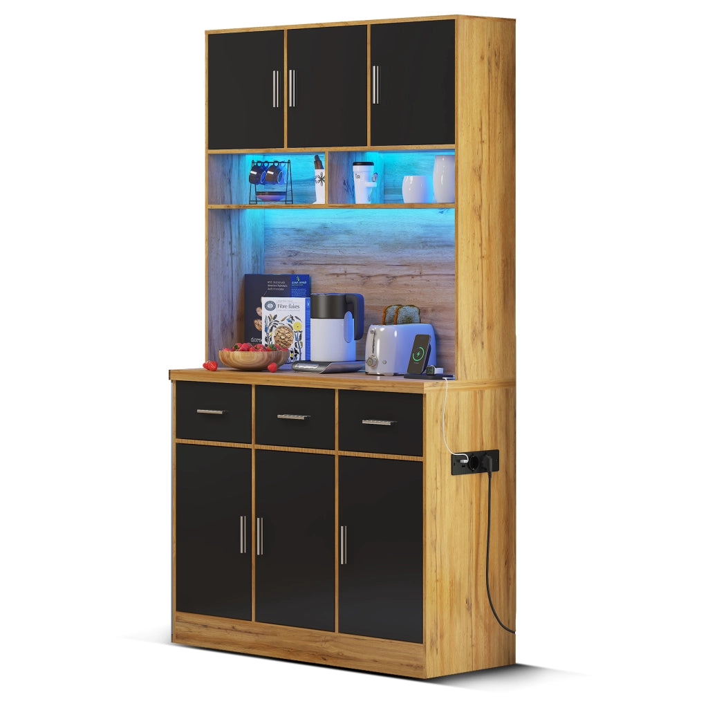 Credenza da Cucina Alta con 6 Ante; 3 Cassetti; Ripiani Regolabili; LED e Prese; in MDF; 100 x 40 x 180 cm; Naturale Nero