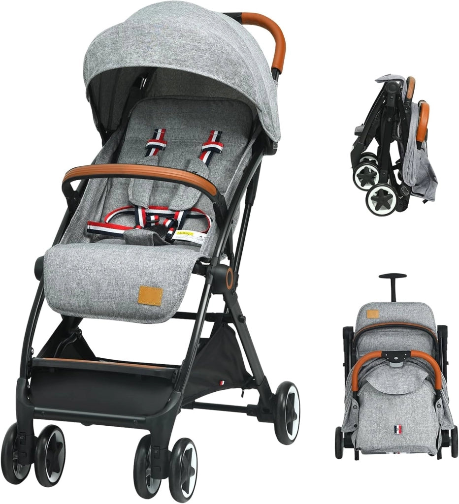 Passeggino Pighevole per Bmabini, Passeggino con Schienale e Poggiapiedi Regolabili, Passeggino Leggero Portata 15 kg, con Cappottina e Zanzariera, per Bambini 0-3 Anni (Grigio)