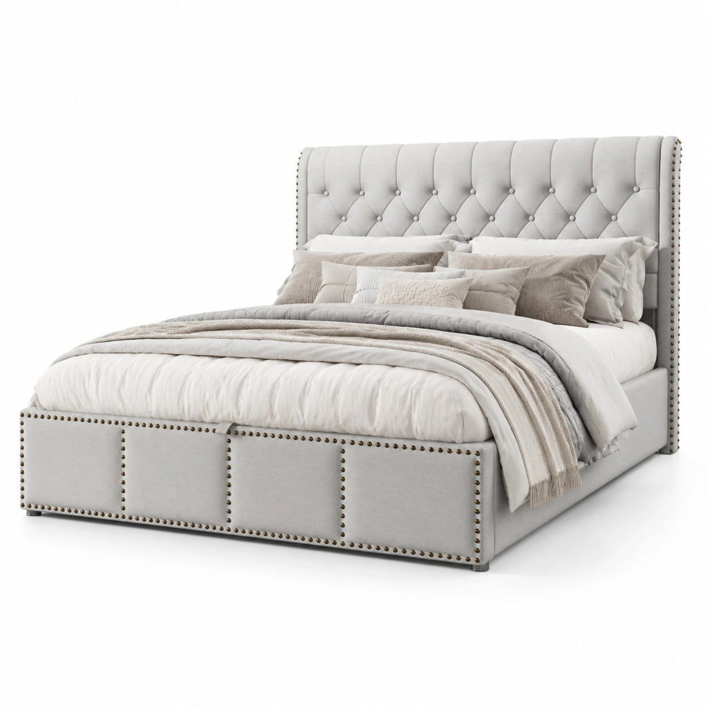 Letto imbottito in lino grigio 140 x 200 cm con contenitore e rete a doghe, stile minimalista europeo
