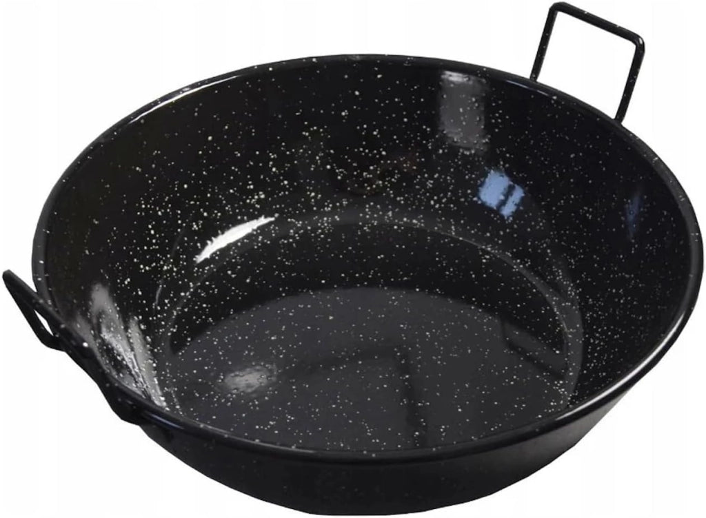 Tegame Fondo in Ferro Smaltato con Manici, Nero per uso professionale, Ideale per Fritture e Preparazioni Etniche 36 cm