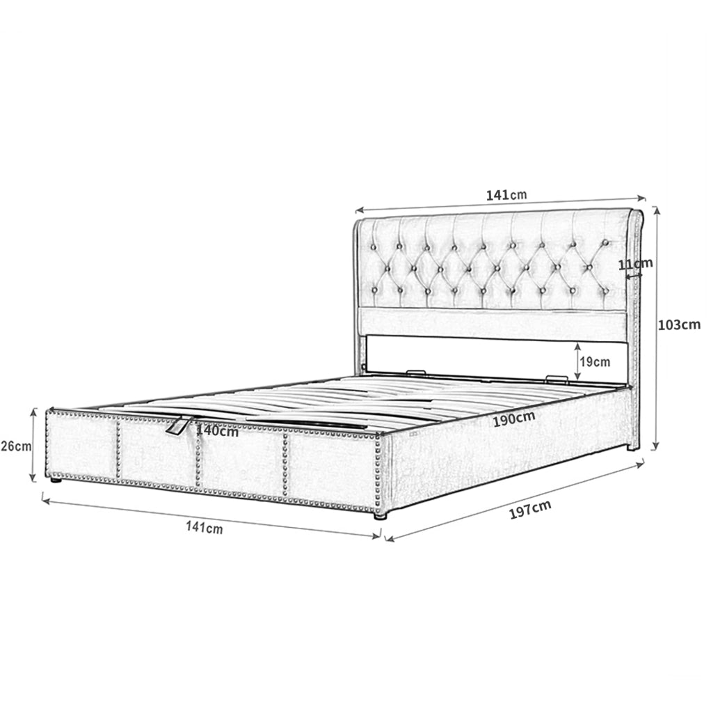 Letto matrimoniale 140x190 cm in velluto grigio con contenitore e testiera imbottita