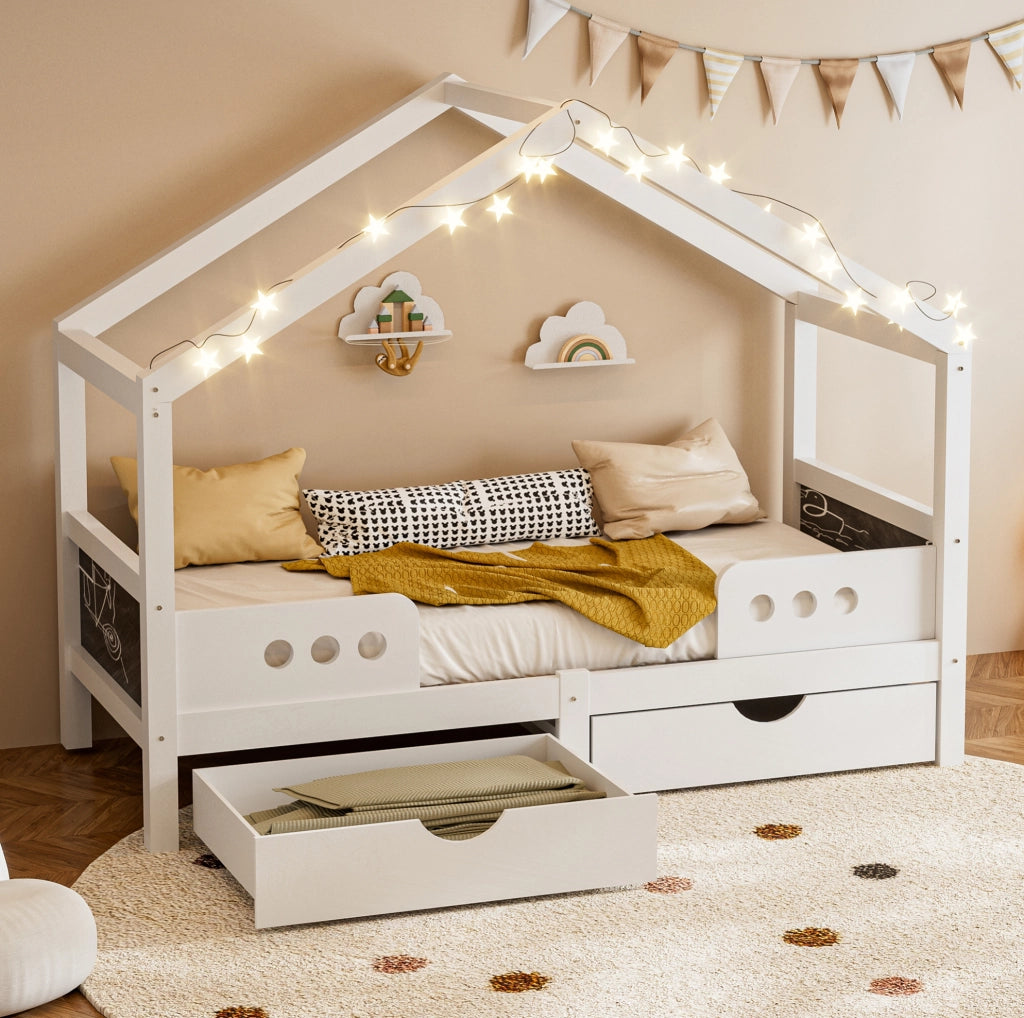 Letto per bambini 90x200 cm con tetto; 2 cassetti e lavagna in legno; bianco