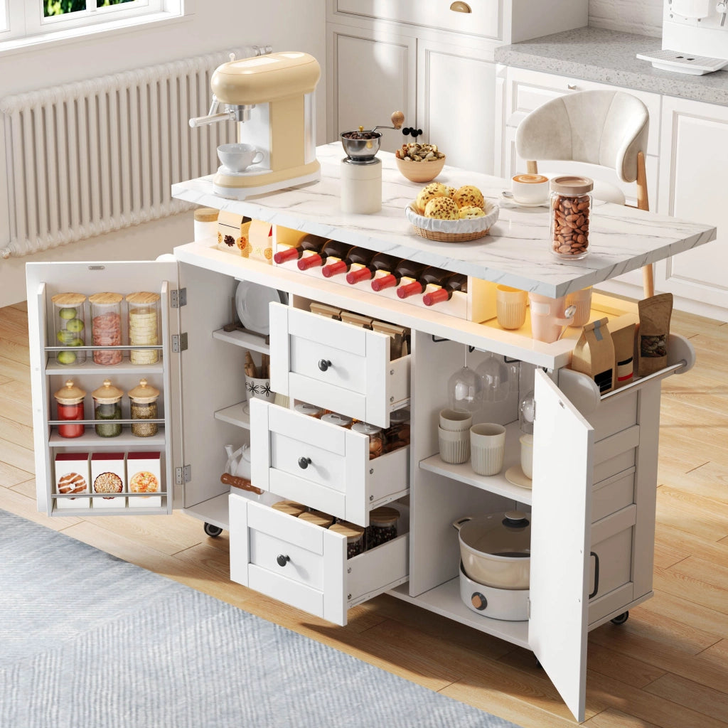 Isola da Cucina con 2 Ante; 3 Cassetti; Piano Pieghevole e LED; in MDF; 138x60x93 cm; Bianco