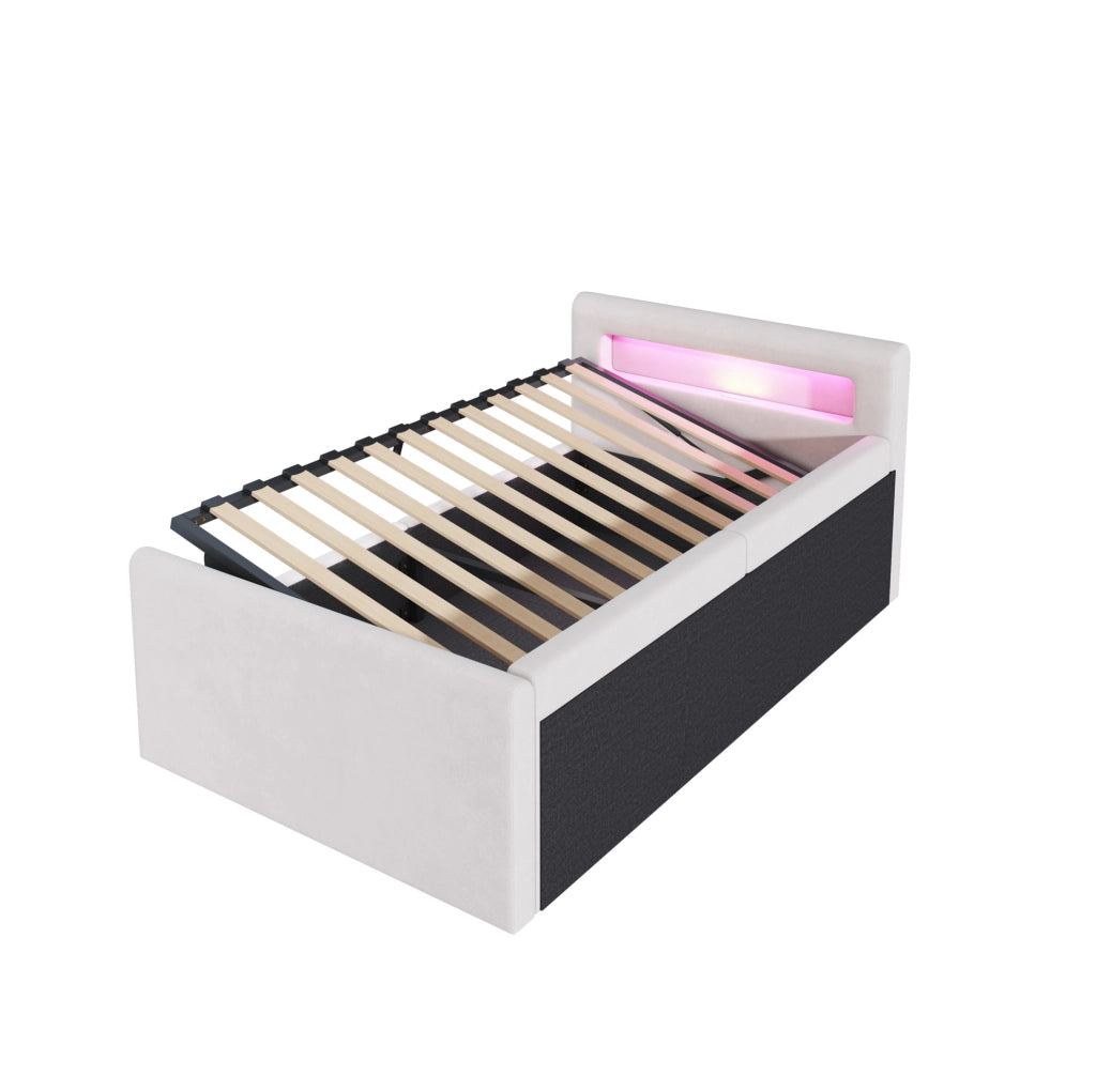Letto imbottito per bambini 90x200 cm in velluto beige con LED; USB e contenitore idraulico