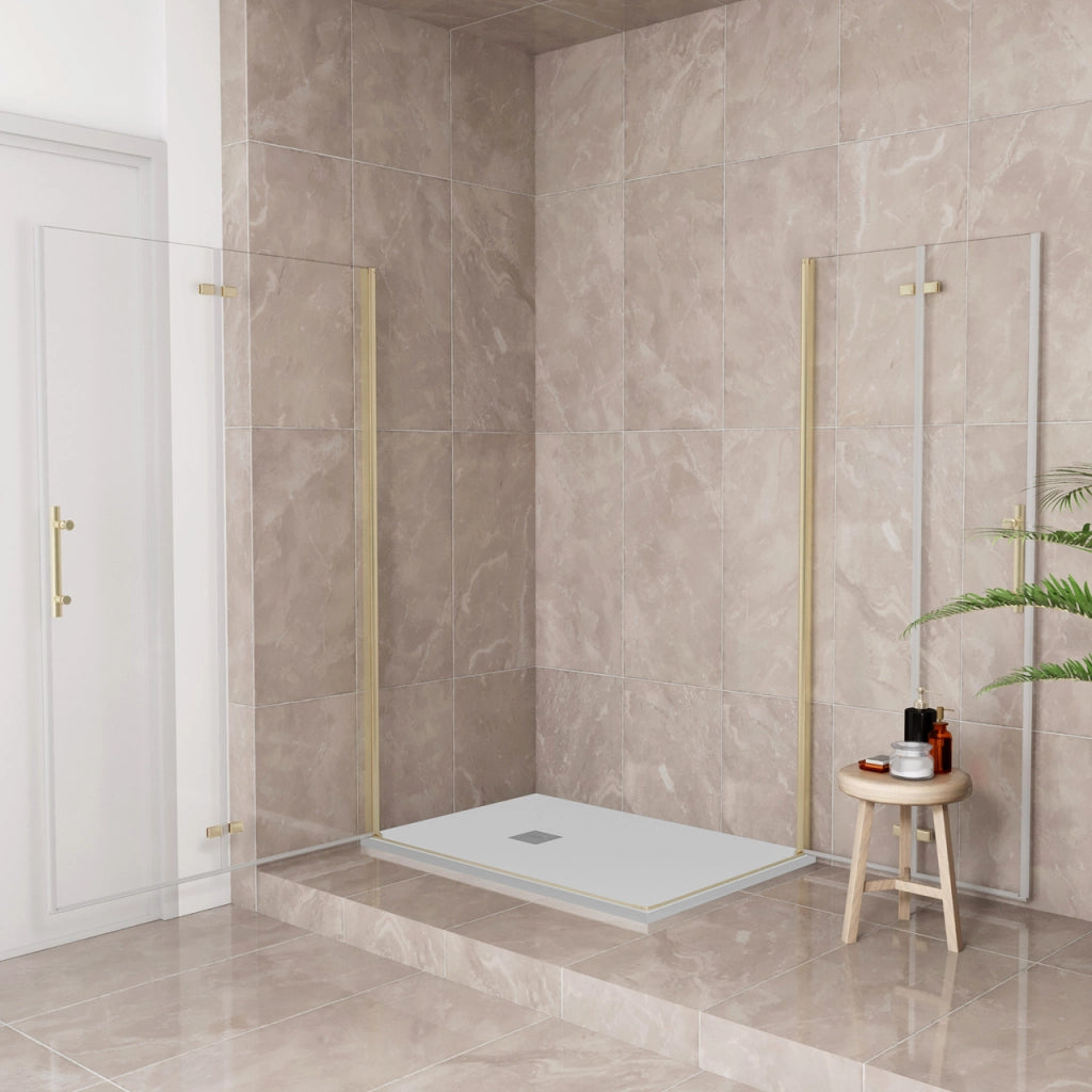 185 cm Box Doccia Angolare 76x90 cm Doppia Porta Battente Pieghevole Vetro Temperato Trasparente 6 mm Anticalcare Telaio Dorato Spazzolato